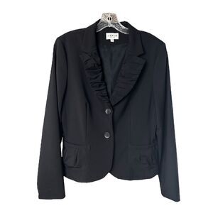 New J’ENVIE Cropped Black Blazer Ruffle Collar Button Silk Suit Jacket Womens 10